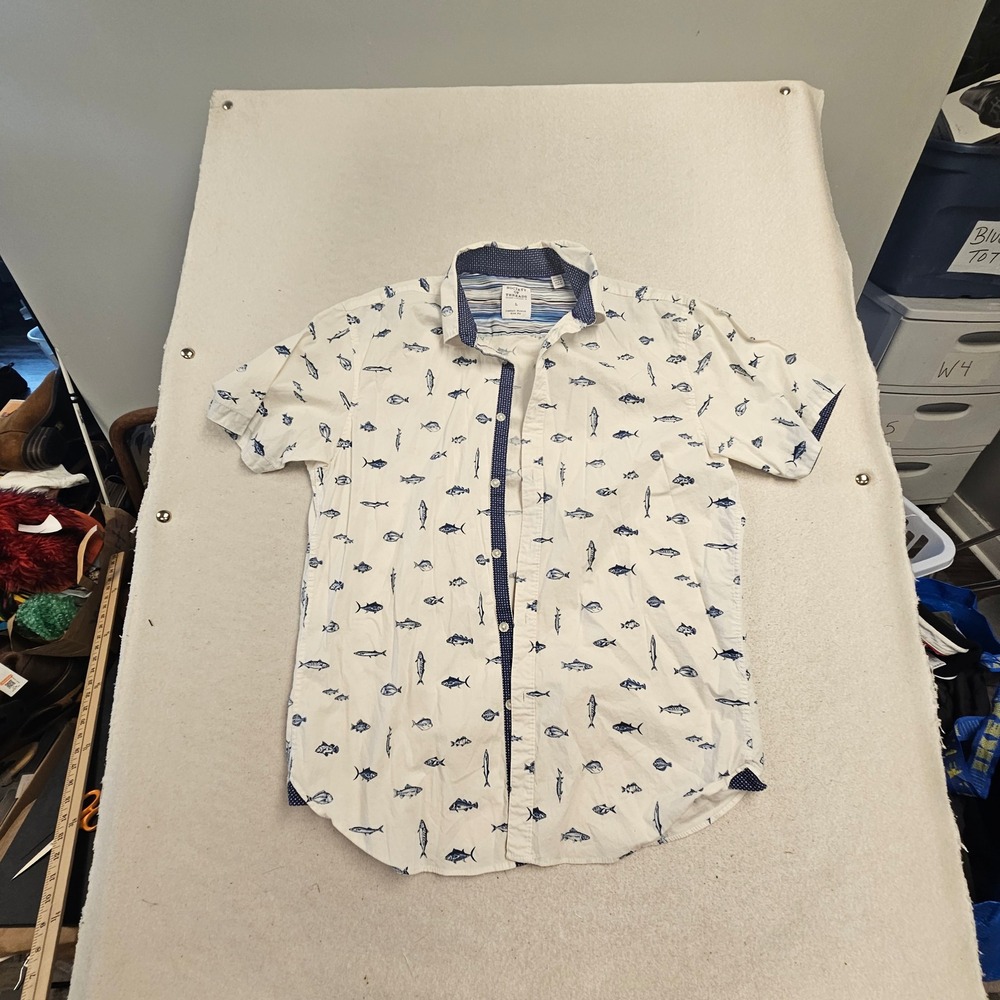 Society of Threads Mens Large White Blue Fish Print Slim Fit Stretch Button Down